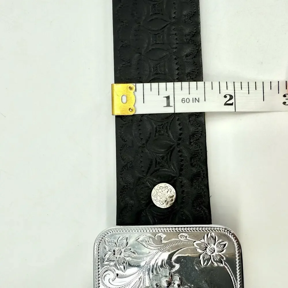 Cameo Owl Belt Buckle with 36 inch Black Tooled Leather Belt 1.5 Inch Width